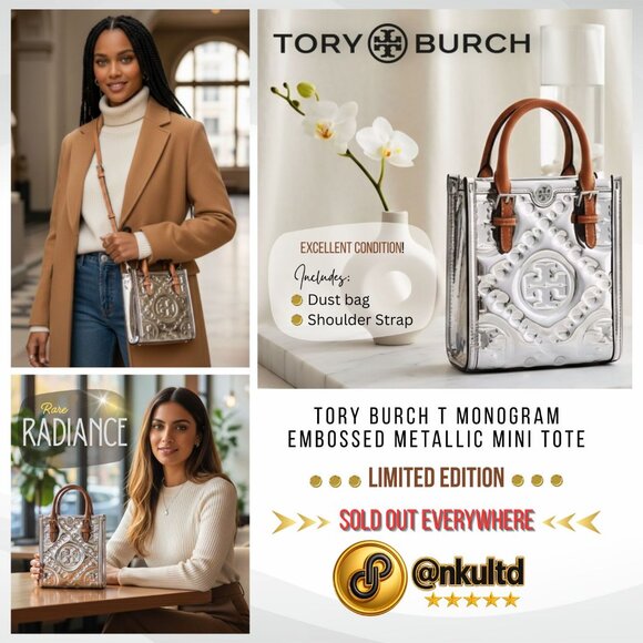 Tory Burch T Monogram Metallic Silver Embossed Puffy Mini Tote | Rare Model ✨ - Picture 6 of 17